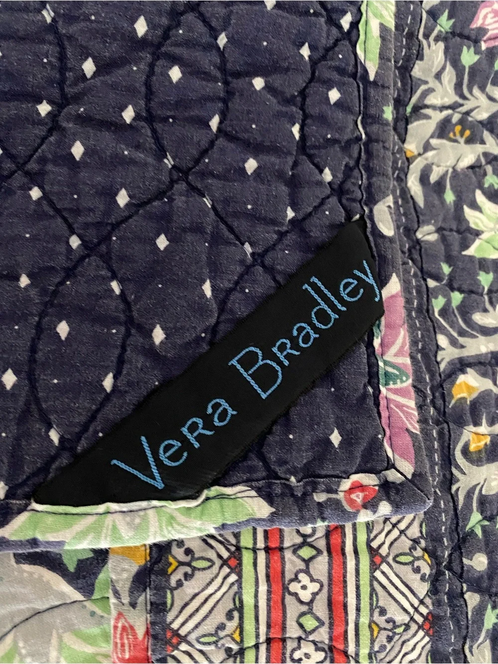 Vera Bradley Navy Floral Quilted Throw with Pink, Yellow, Green Accents